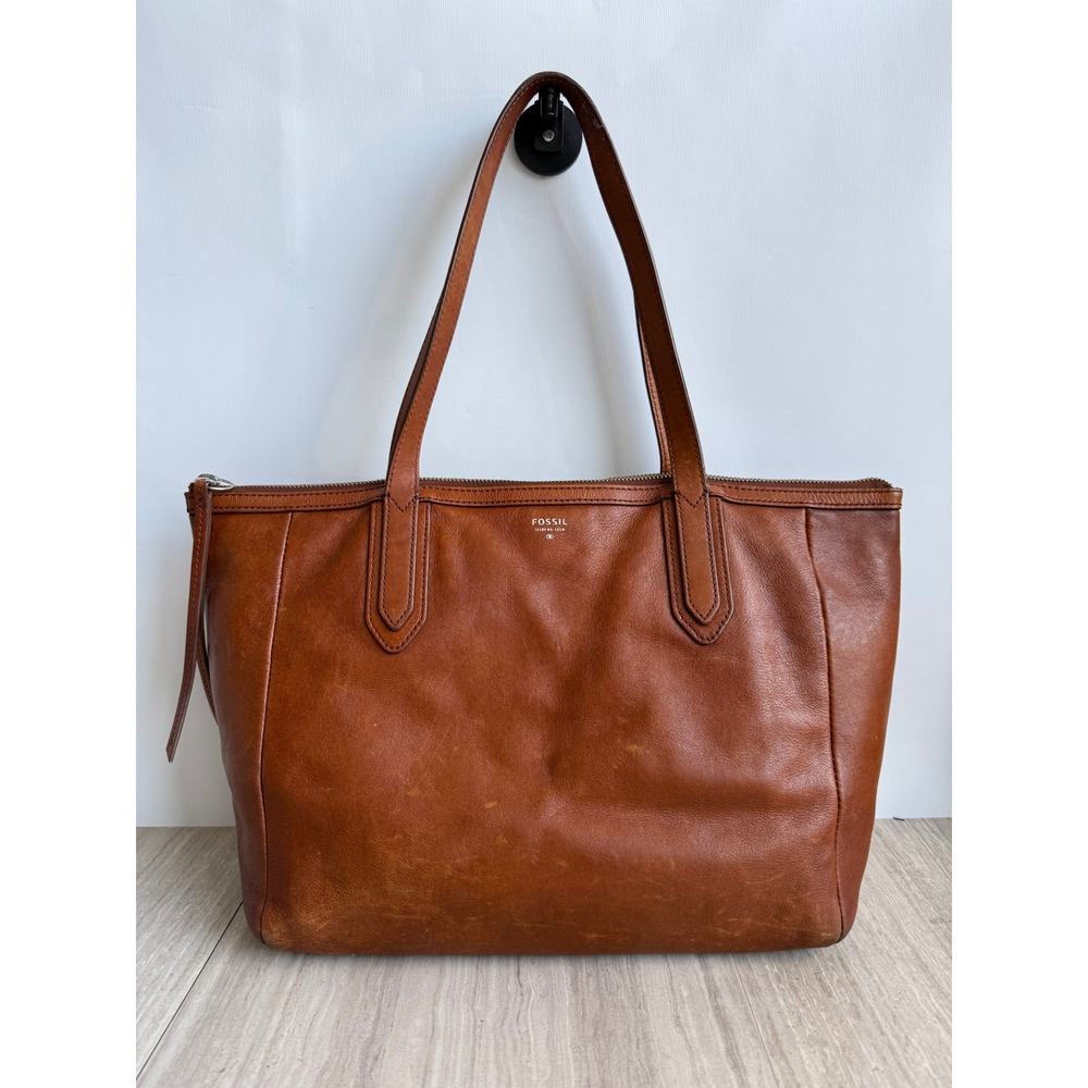Fossil Sydney Shopper Tote Brown Leather Zip Top Carryall Cognac Minimalist
